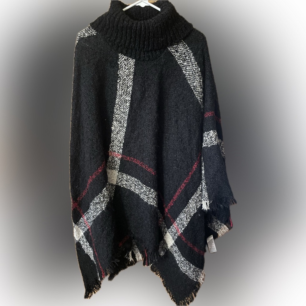 Plaid Knit Poncho with Turtleneck